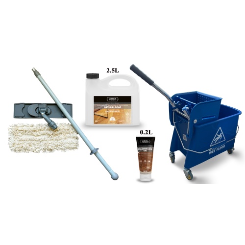 Kit Saving: DC021 Premium care for white oiled or UV-oiled floors inc Woca white versions of Soap & Maintenance Oil plus Breakframe Flat Mop & Bucket and wringer